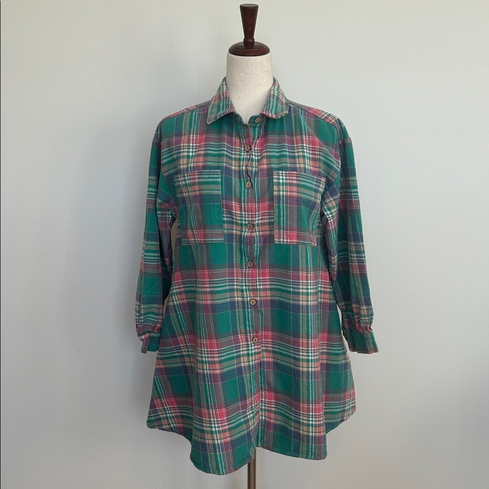 Umgee Green and Pink Flannel Plaid Dress‎
